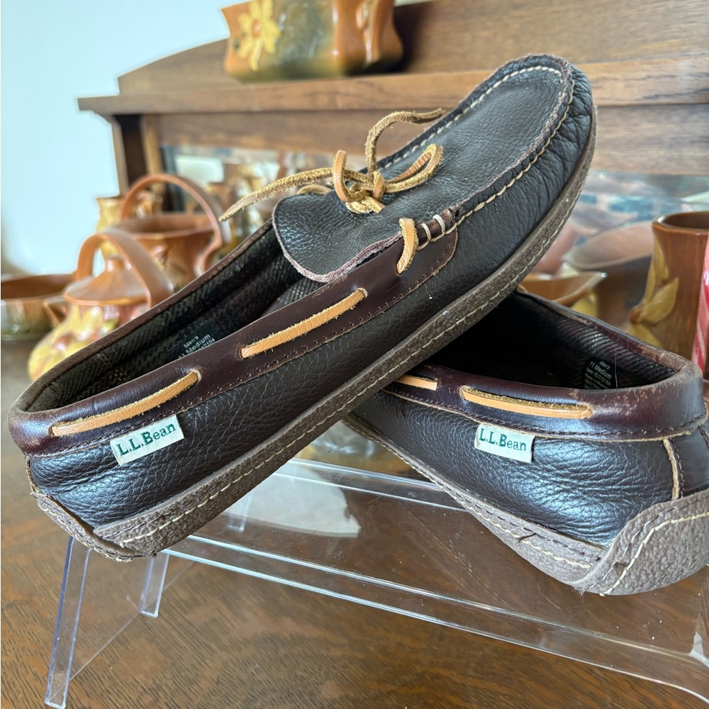 LLBEAN Men’s Size 11 Handsewn Flannel Lined Brown Leather Slippers Moccasins - Picture 9 of 13